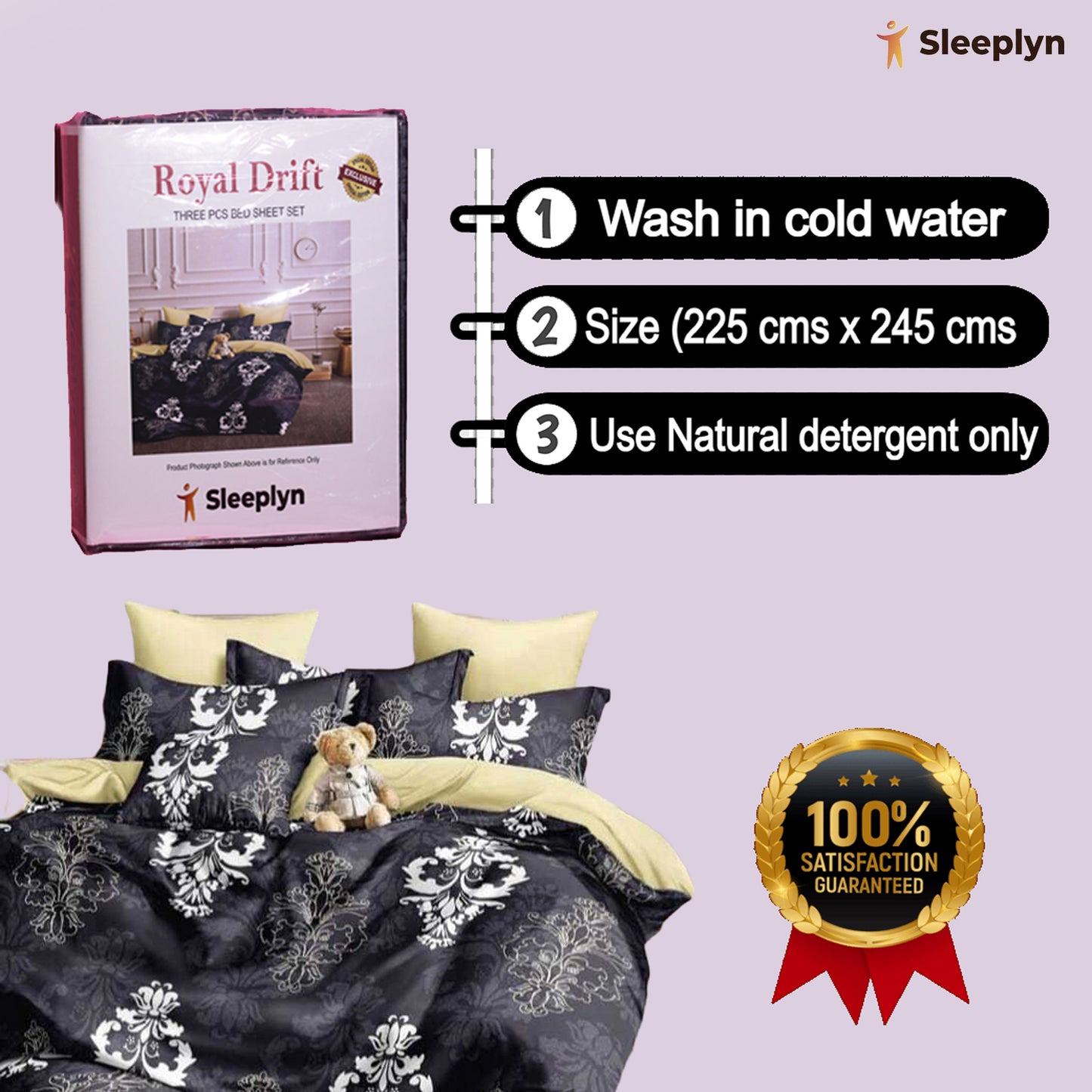 250 TC Sleeplyn : New Launch Cotton Comfort Printed Bedsheet (225 X 245 ) 1 Bedsheet + 2 Pillow cover